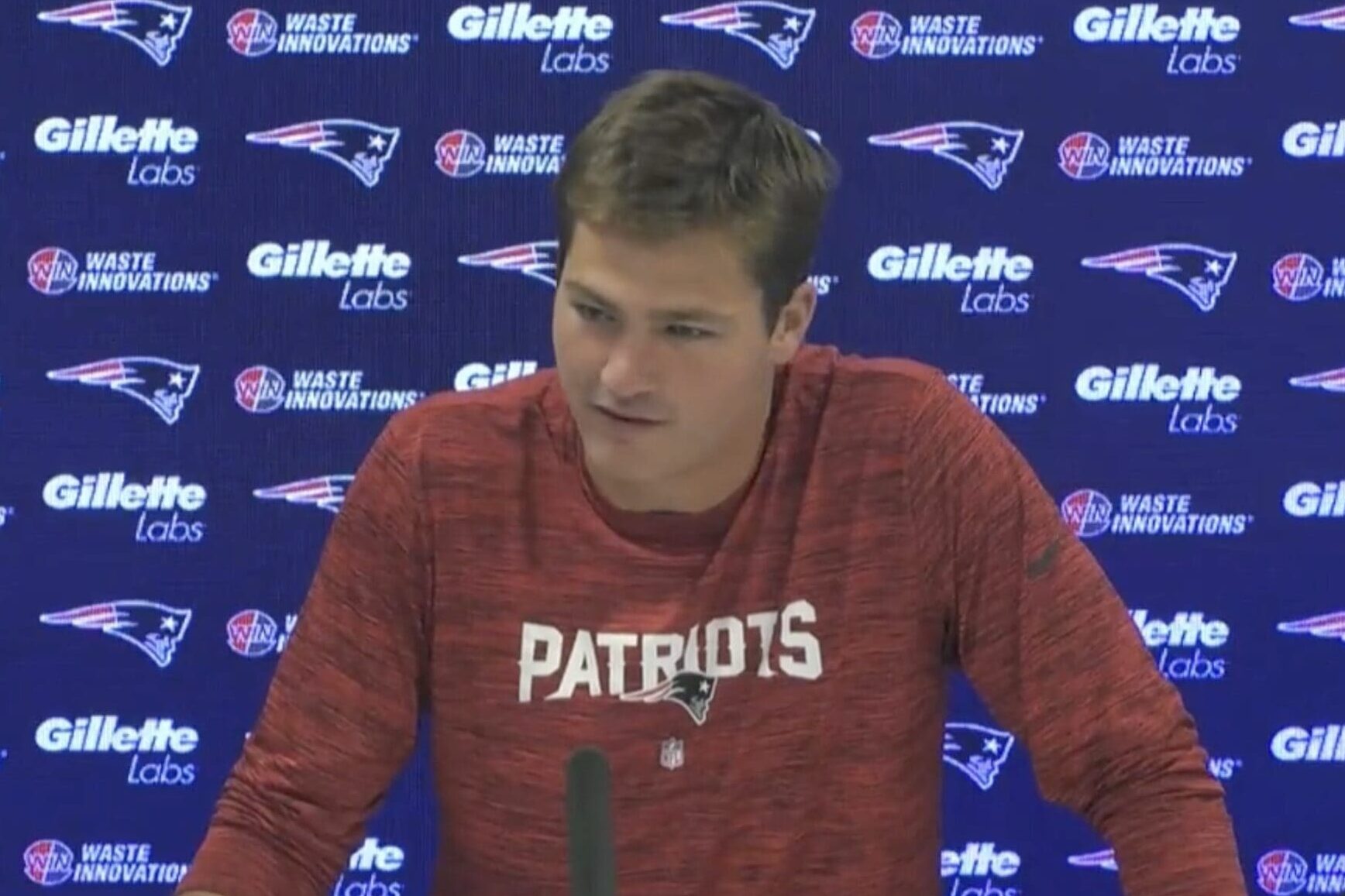 New England Patriots quarterback Drake Maye meets with the media after being named the team's starting quarterback.